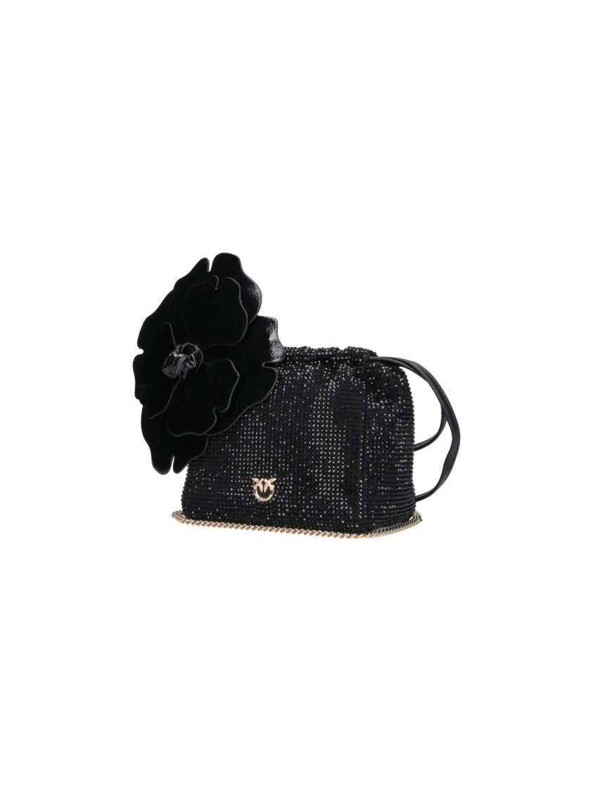 Pinko Black Rhinestone Flower Drawstring Fabric Clutch