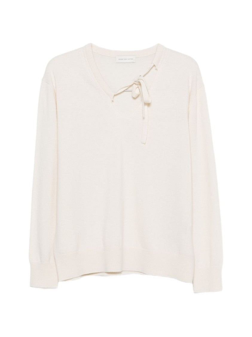 Dries Van Noten Ecru Ruffled V-Neck Knit Sweater