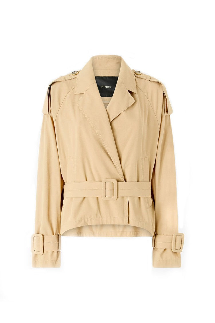 Pinko Beige Self-Belted Epaulettes Cropped Cotton Trench Jacket
