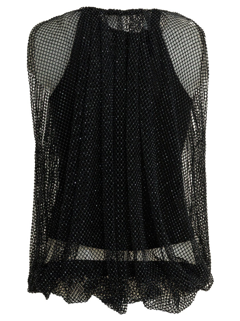 Max Mara Textured Black Long-Sleeved Top With Sheer Mesh Overlay