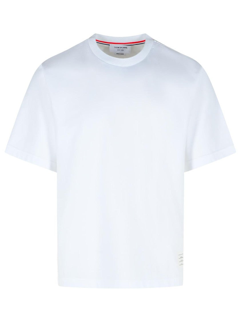 Thom Browne White Cotton T-Shirt With Tricolor Stripe Detail