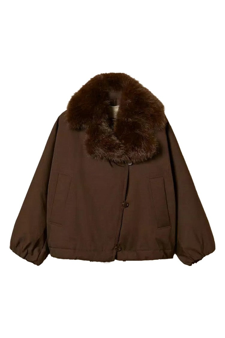 Twin-Set Brown Cotton-Polyester Blend Faux-Fur Collar Jacket