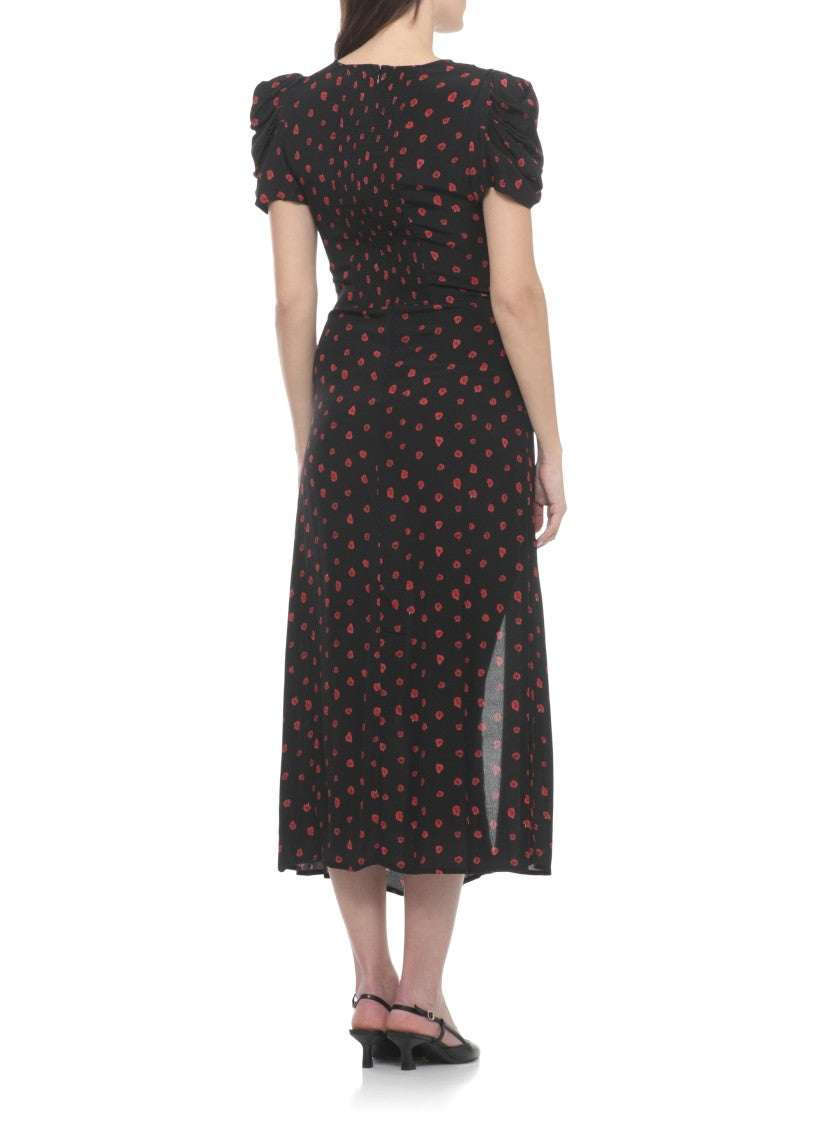 Mar De Margaritas Floral Patterned Midi Dress With Draped Front And Puffed Sleeves