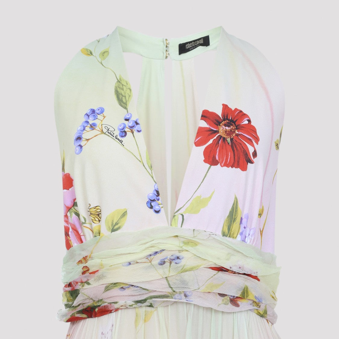 Roberto Cavalli Silk Maxi Dress With Deep V-Neckline And Floral Print