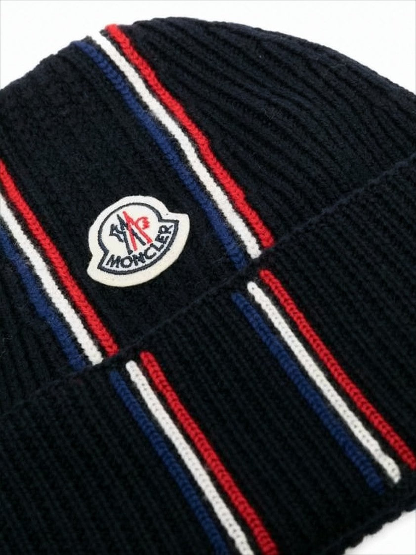 Moncler Ribbed Wool Beanie With Folded Cuff And Striped Detail