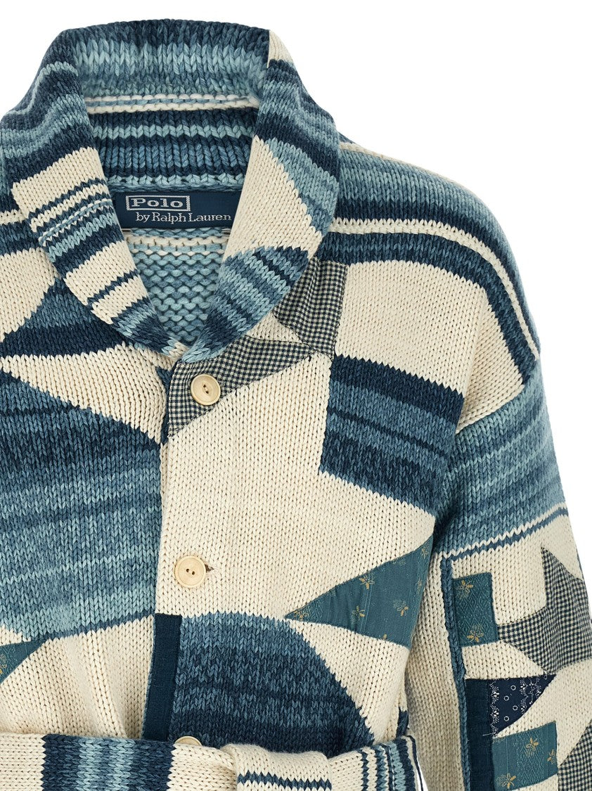 Polo Ralph Lauren Patchwork Knitted Cardigan With Shawl Collar And Removable Belt