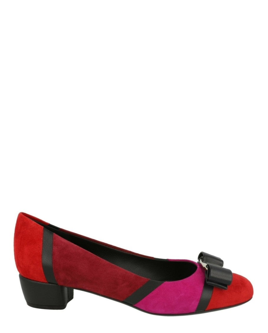 Ferragamo Vara Patchwork Suede Pumps With Block Heel And Bow Accent