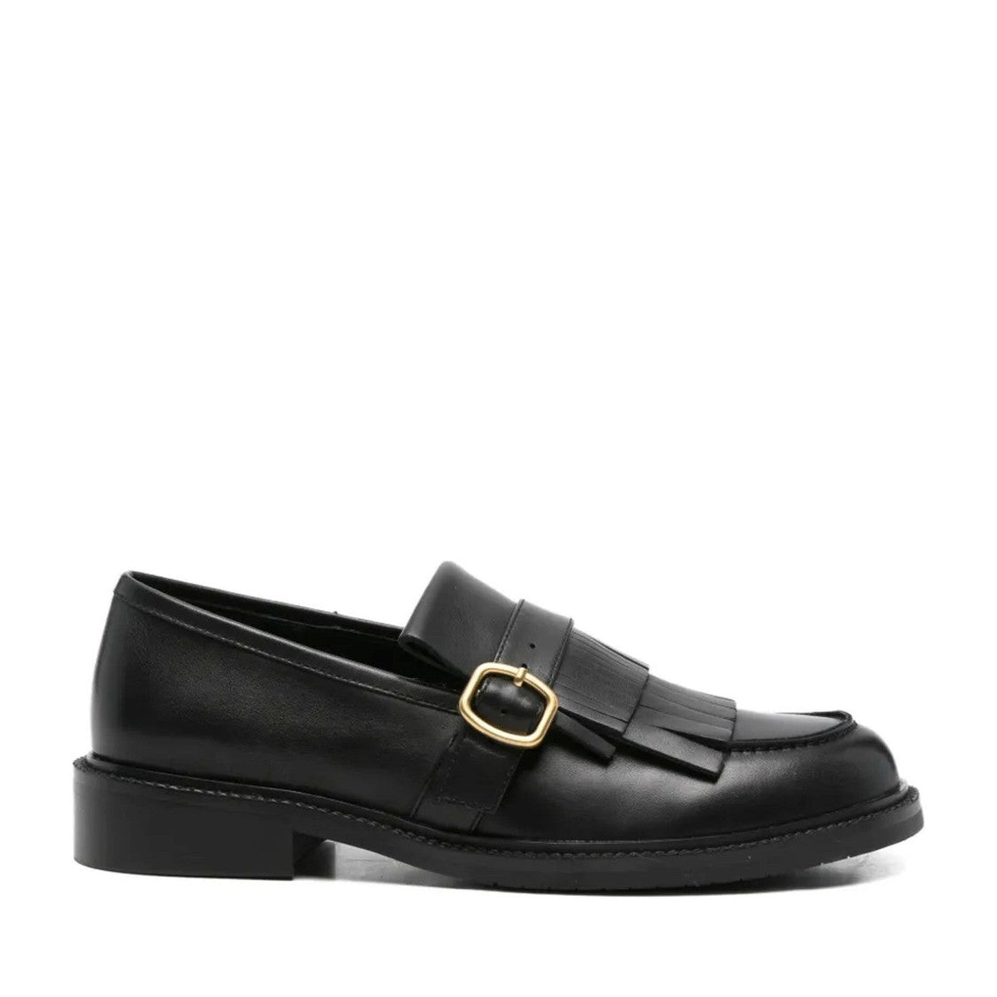 Adrianna Feretti Black Fringe Gold Buckle Leather Loafers