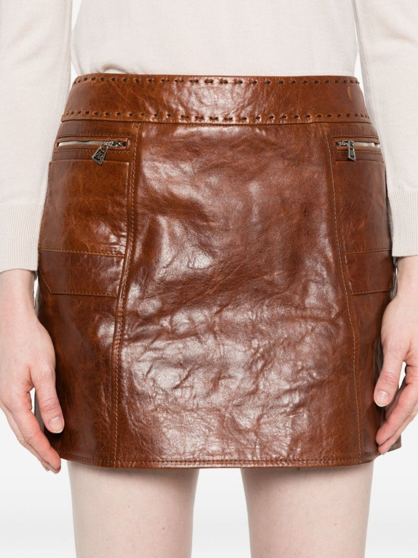 Ermanno Scervino Brown Leather Mini Skirt With Zip Pockets