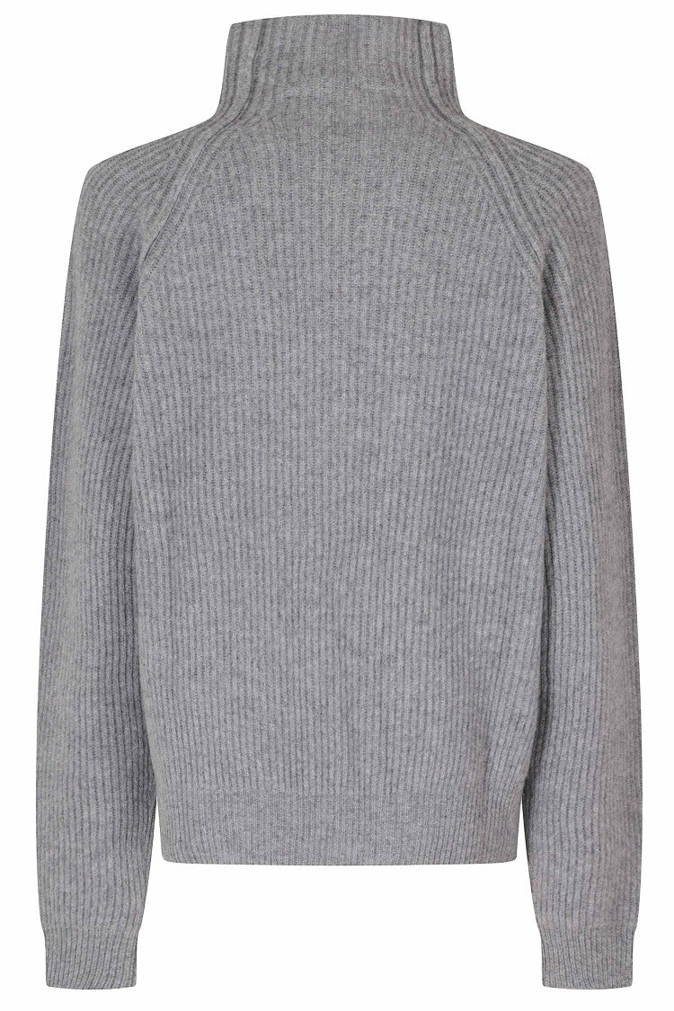 Federica Tosi Light Gray High Neck Ribbed Trim Wool-Blend Turtleneck
