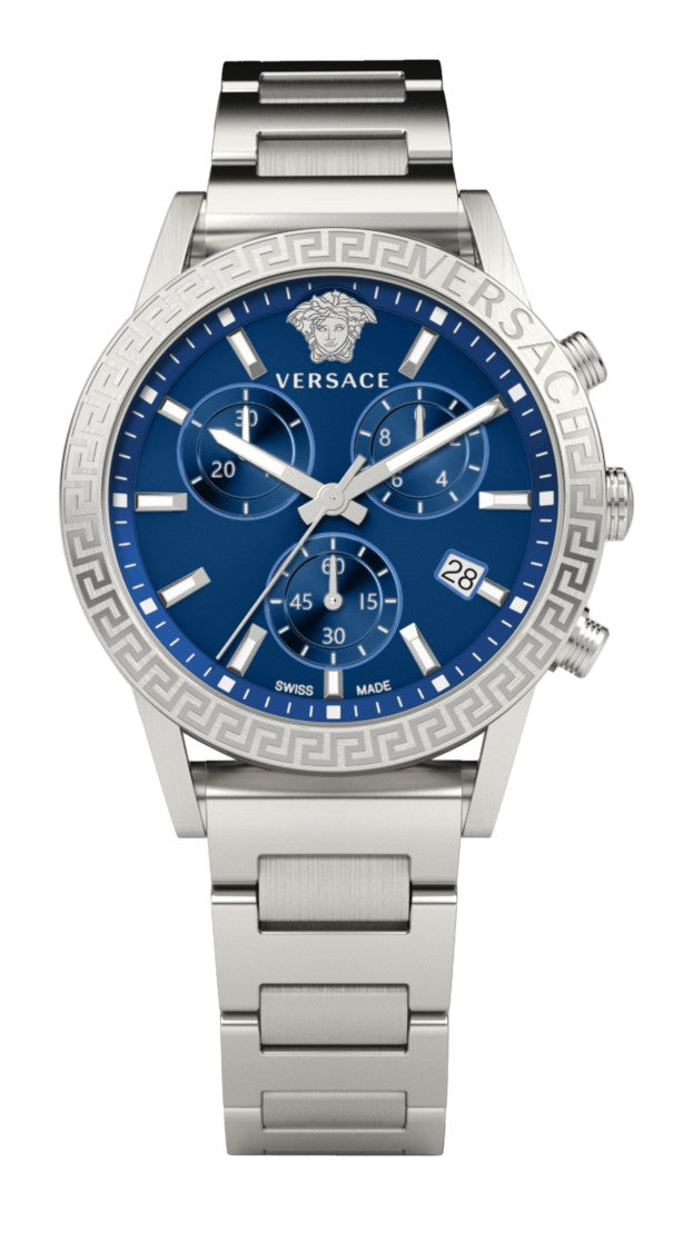 Versace Chronograph Watch With Blue Dial And Stainless Steel Case
