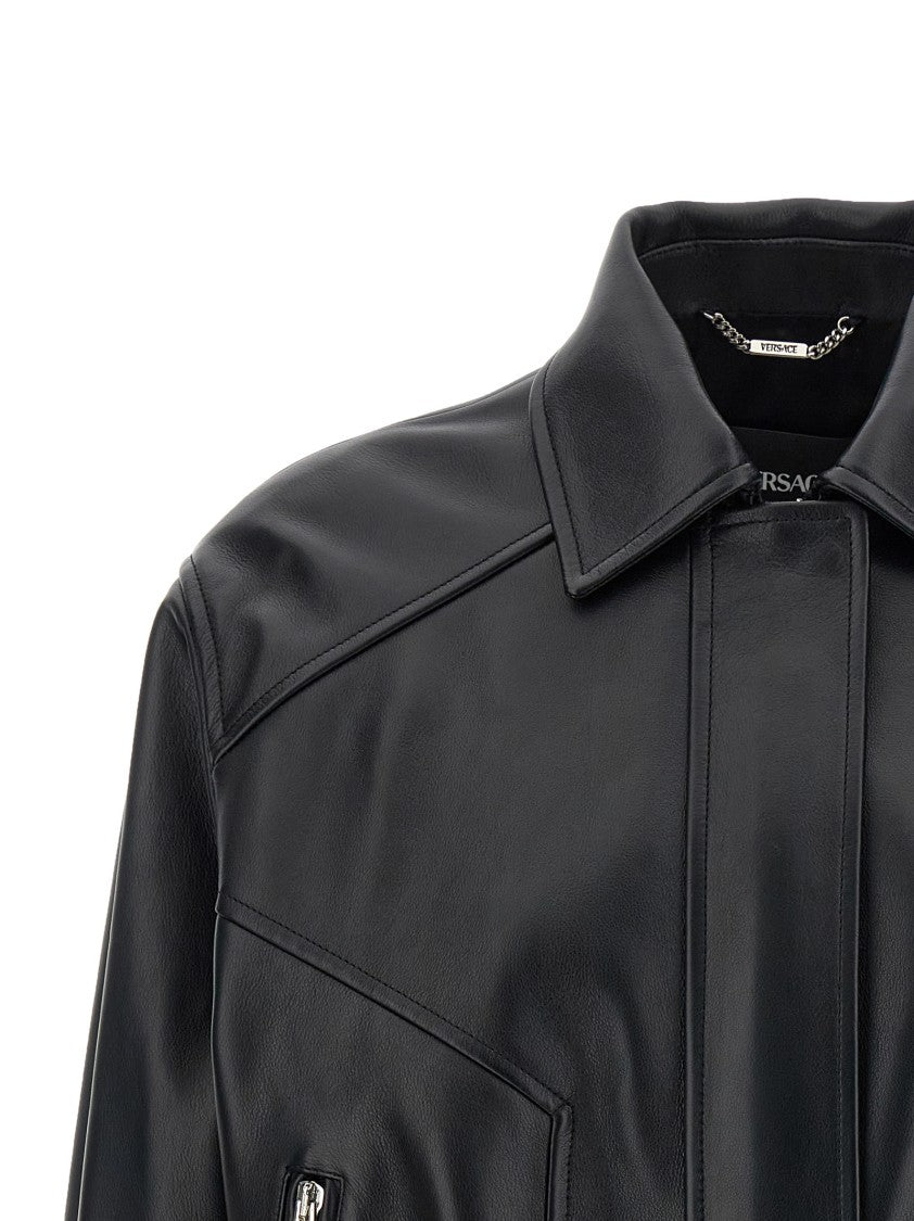 Versace Cropped Buffalo Leather Blouson With Structured Shirt Collar