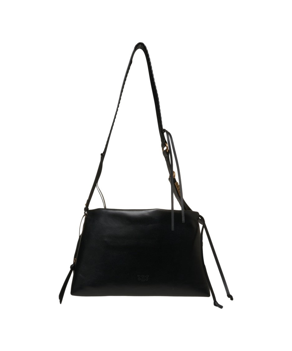 Pinko Structured Black Leather Shoulder Bag With Woven Strap