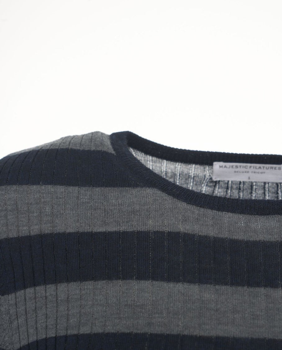 Majestic Filatures Ribbed Knit Pullover With Classic Round Neckline In Subtle Grey Stripes