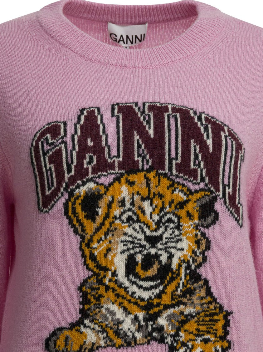 Ganni Playful Graphic Print Wool Sweater With Eco-Friendly Composition
