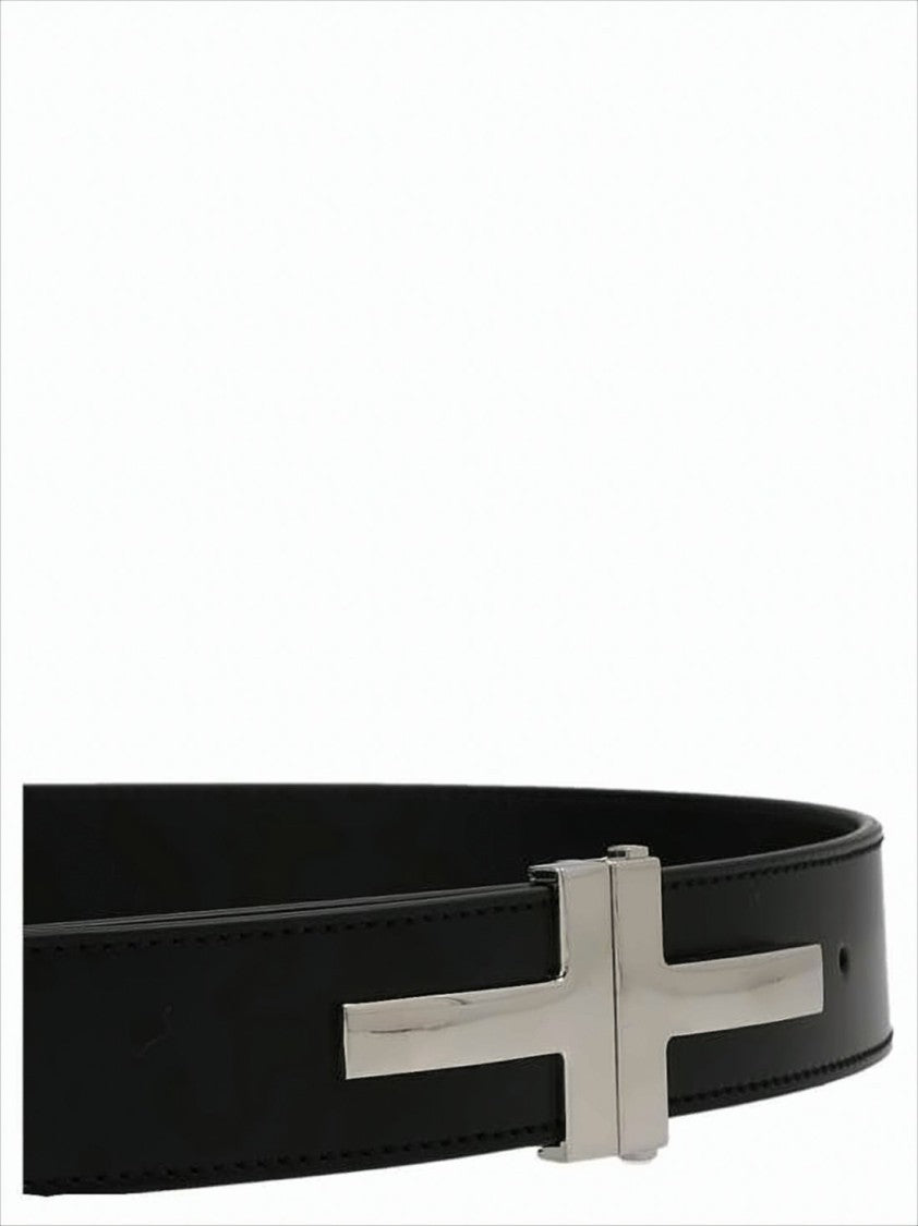 Tom Ford Black Calf Leather Belt With Distinctive Silver-Tone Buckle