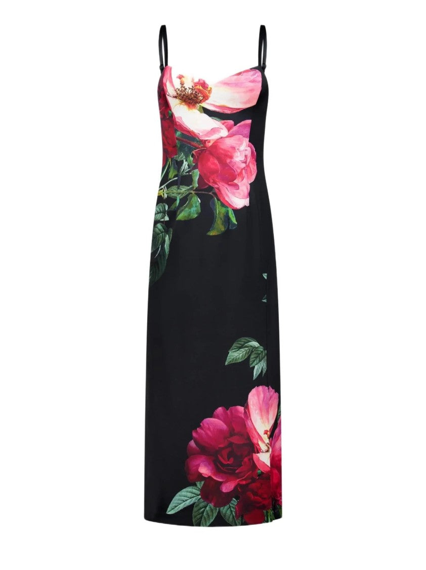 Alice Olivia By Stacey Bendet Black Printed Matte Satin Midi Dress