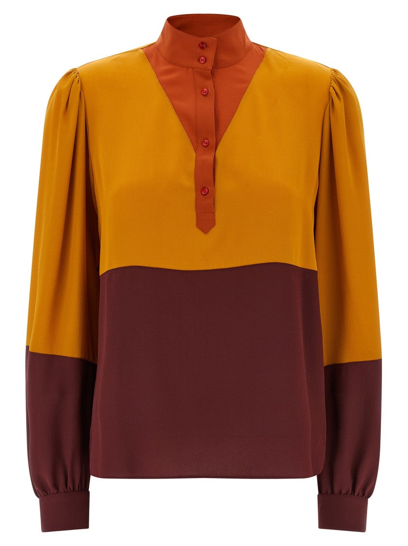 Saint Laurent High Neck Color-Block Silk Blouse With Curled Shoulders