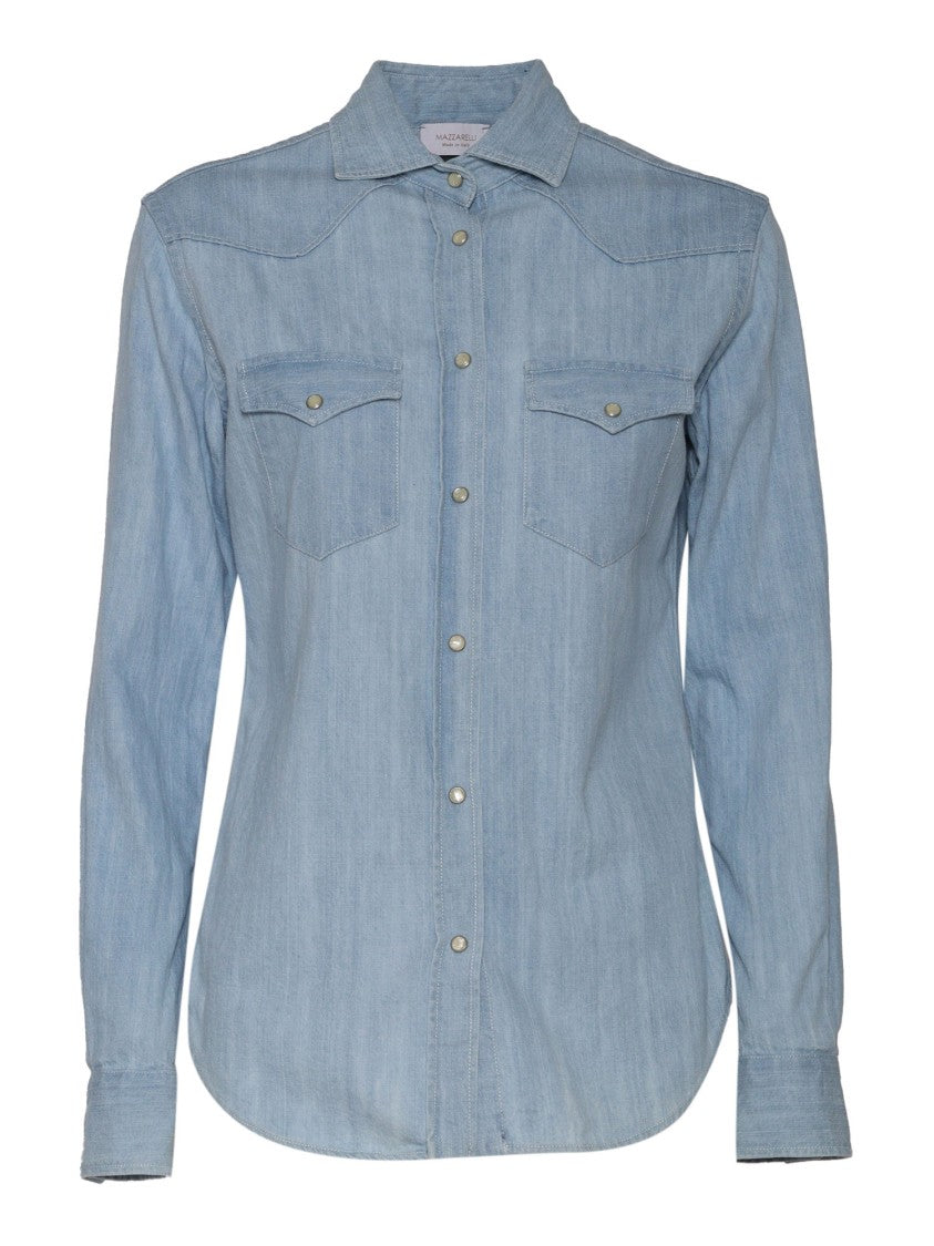 Mazzarelli Camicie Light Wash Denim Shirt With Curved Hem