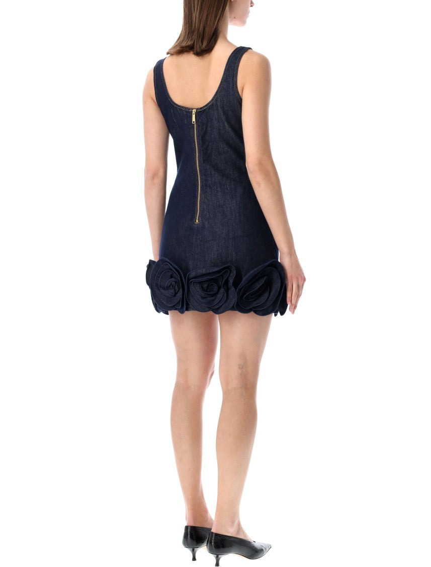 Self-Portrait Indigo Denim Floral Appliques Mini Dress