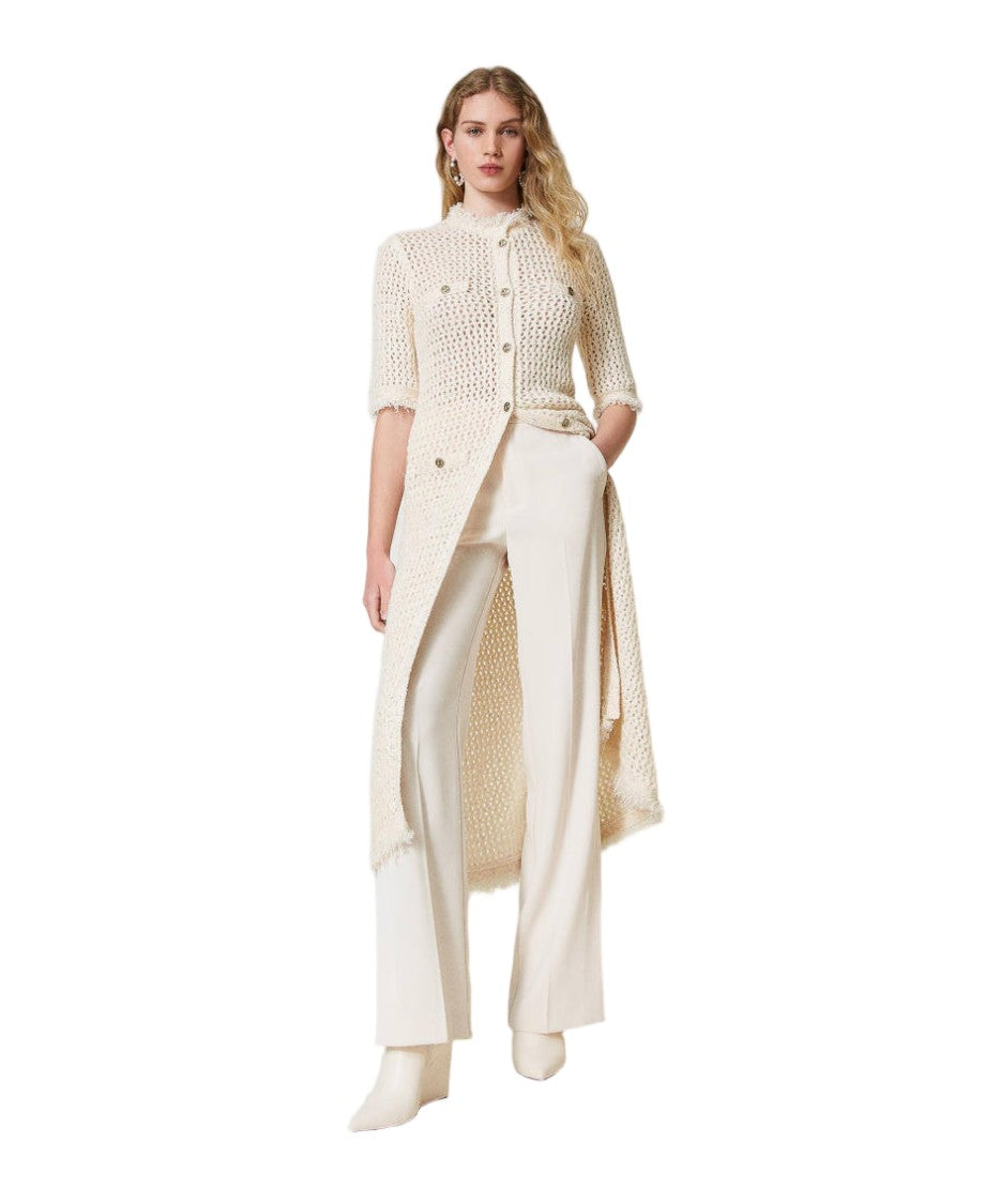 Twin-Set Old White Stretch Crêpe French Pockets Straight-Leg Pants