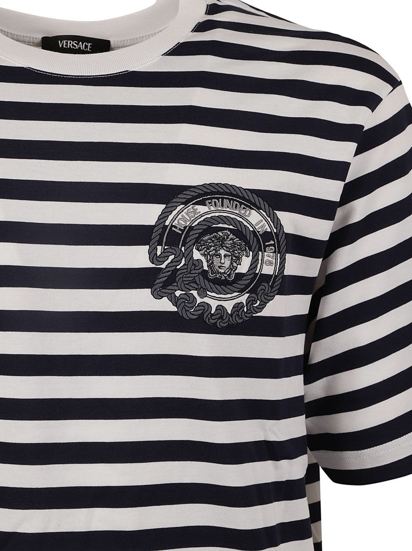 Versace Classic Striped White T-Shirt With Embroidered Emblem