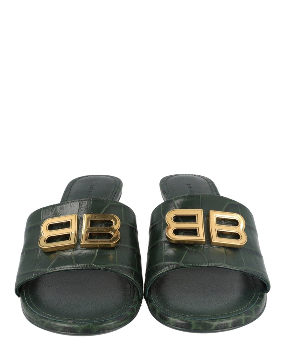 Balenciaga Croc-Embossed Green Mules With Trumpet Heel And Gold-Tone Logo