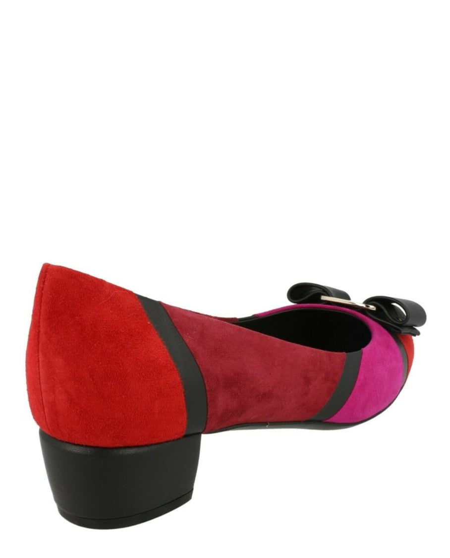 Ferragamo Vara Patchwork Suede Pumps With Block Heel And Bow Accent