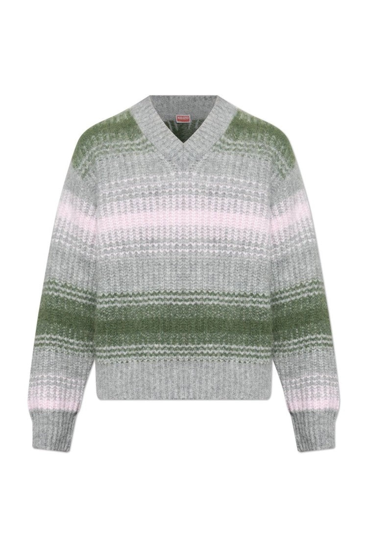 Kenzo Striped V-Neck Sweater With Cozy Alpaca Blend