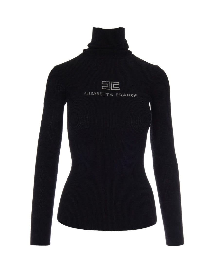 Elisabetta Franchi Ribbed Knit Long-Sleeve Top With Intarsia Logo