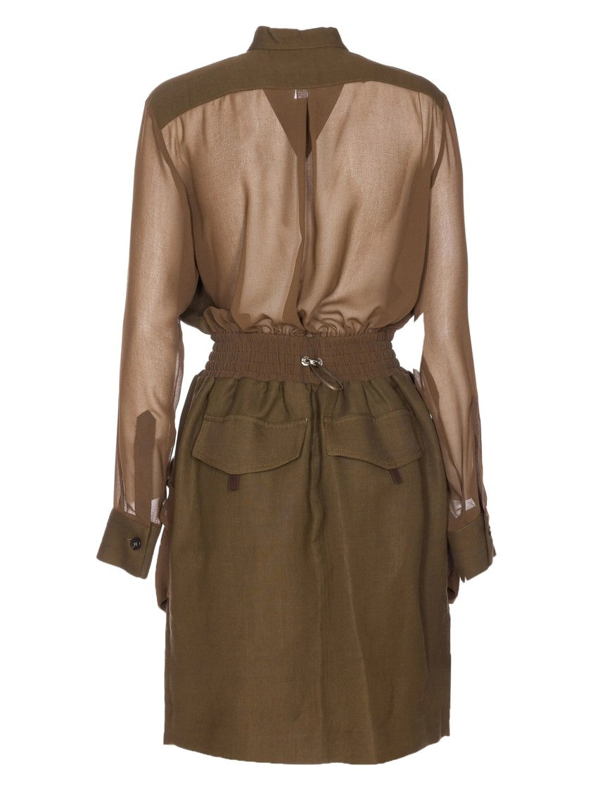 Pinko Structured Midi Dress With High Collar And Sheer Sleeves