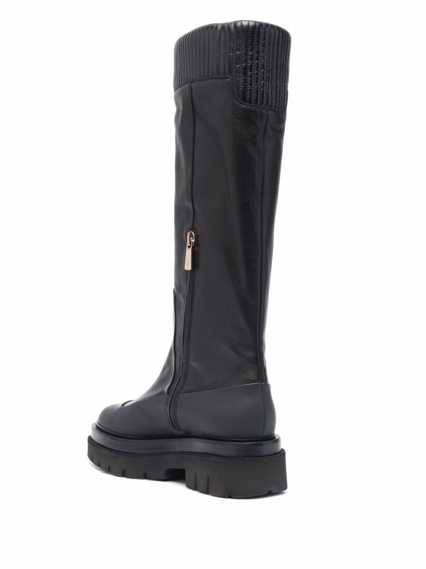 Santoni Black Ribbed Leather Knee-High Boots