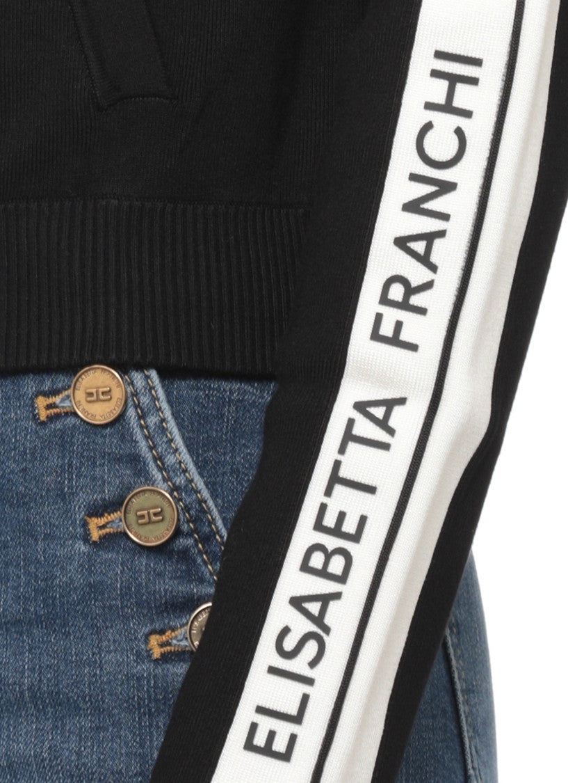 Elisabetta Franchi Black Hooded Embossed Logo Cotton-Blend Sweatshirt