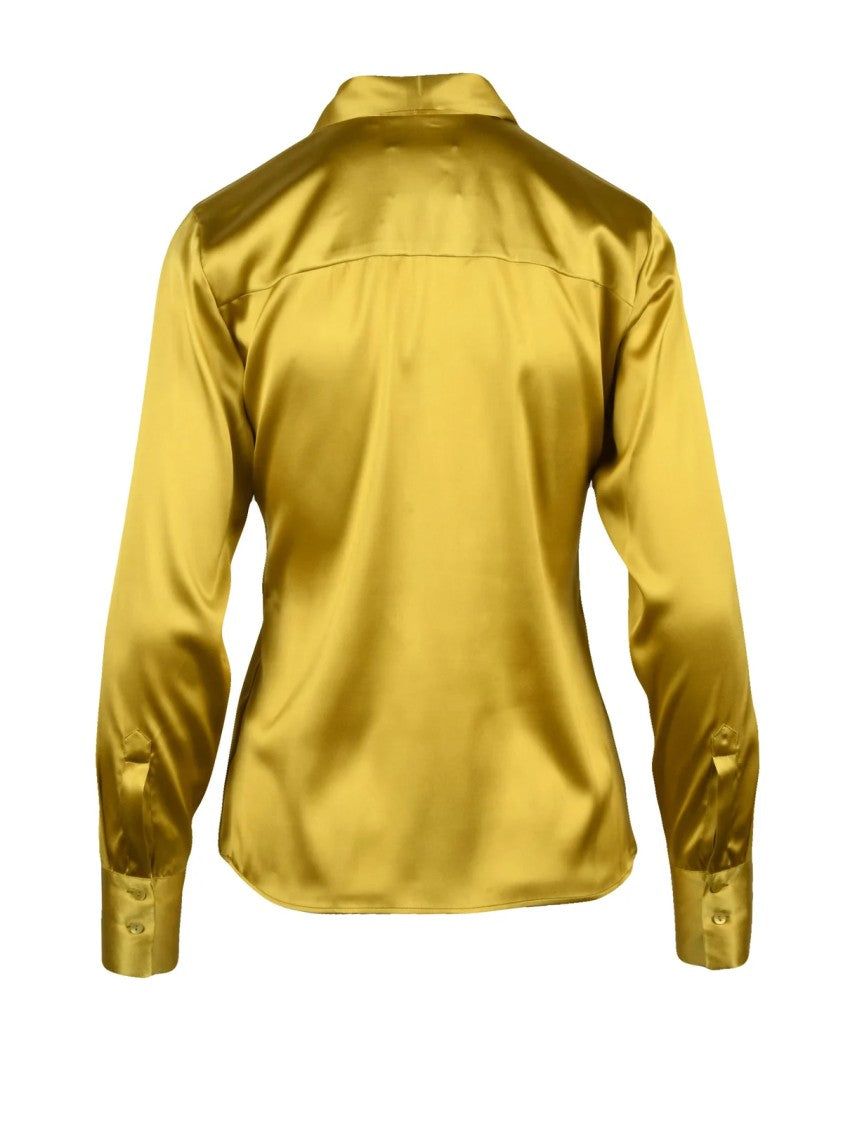 Xacus Yellow Tied Bow Detail Silk-Blend Satin Blouse
