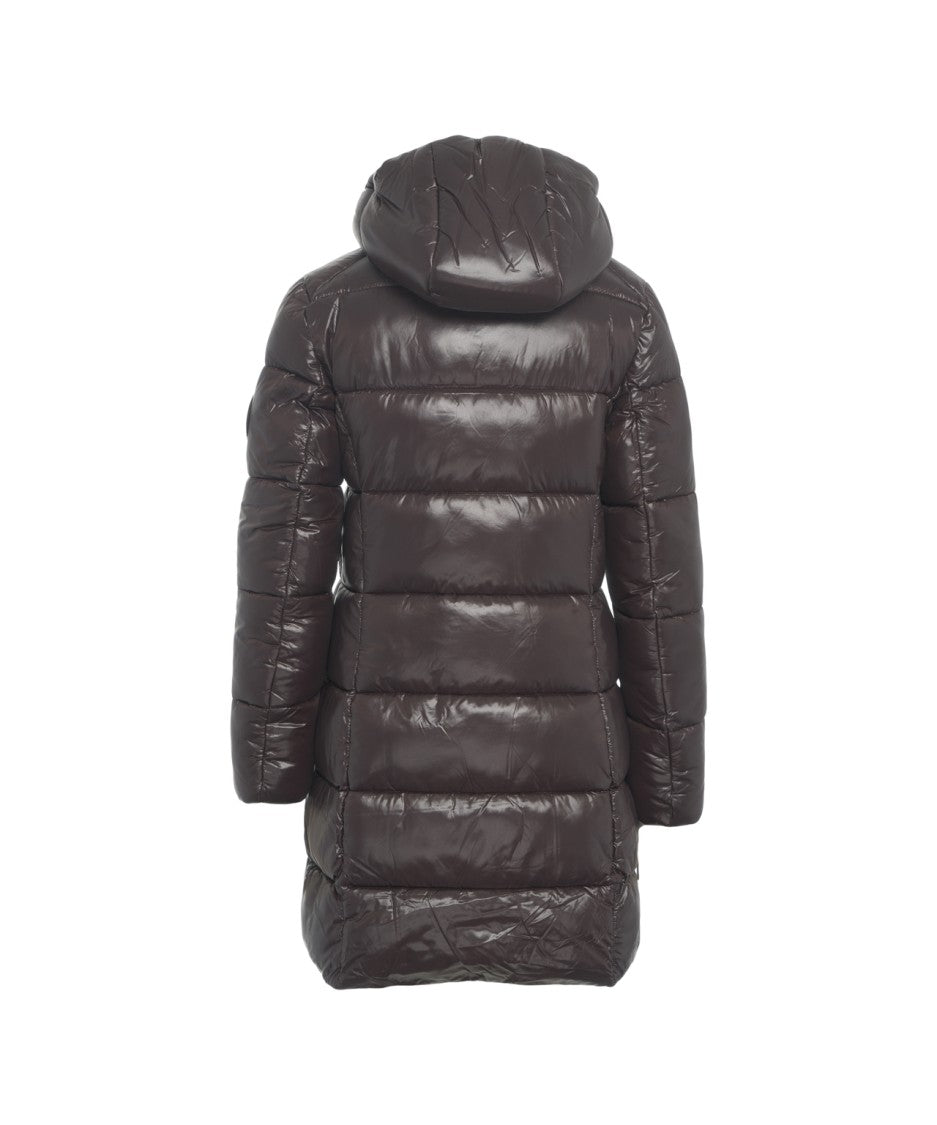 Save The Duck Glossy Knee-Length Puffer Jacket With Double-Slider Zipper