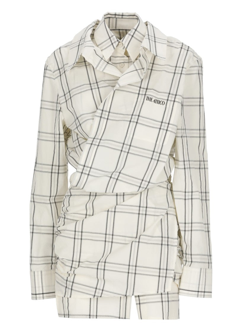 The Attico Ivory Cotton Check Chemisier Dress With Asymmetric Hem