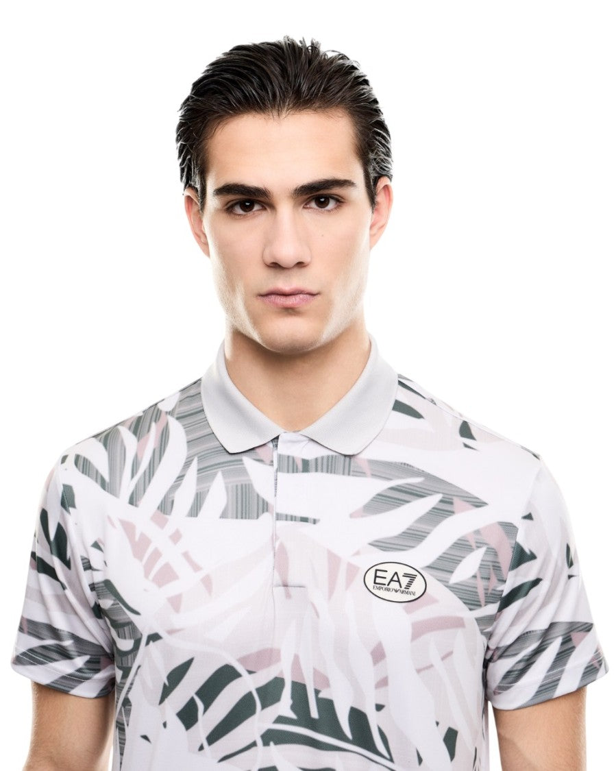 Ea7 Emporio Armani Multi-Color Abstract Leaf Pattern Polo Shirt