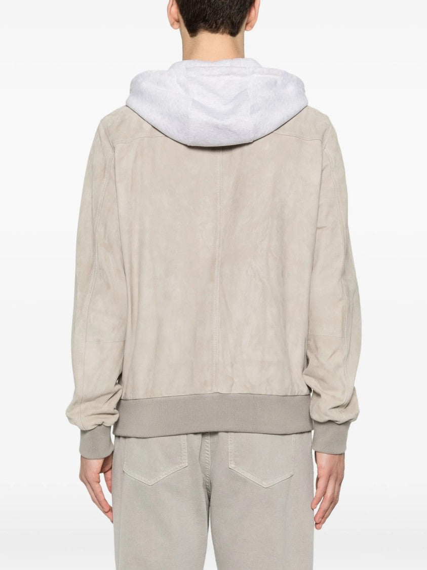 Eleventy Suede-Texture Grey Hooded Bomber Jacket