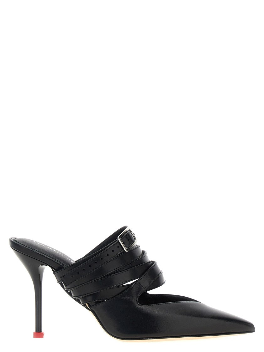Mcqueen Sculpted Leather Strap Mules With Lacquered Heel
