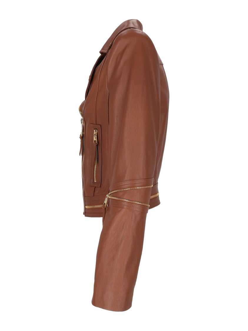Elisabetta Franchi Cropped Leather Jacket With Asymmetrical Zipper And Gold Accents