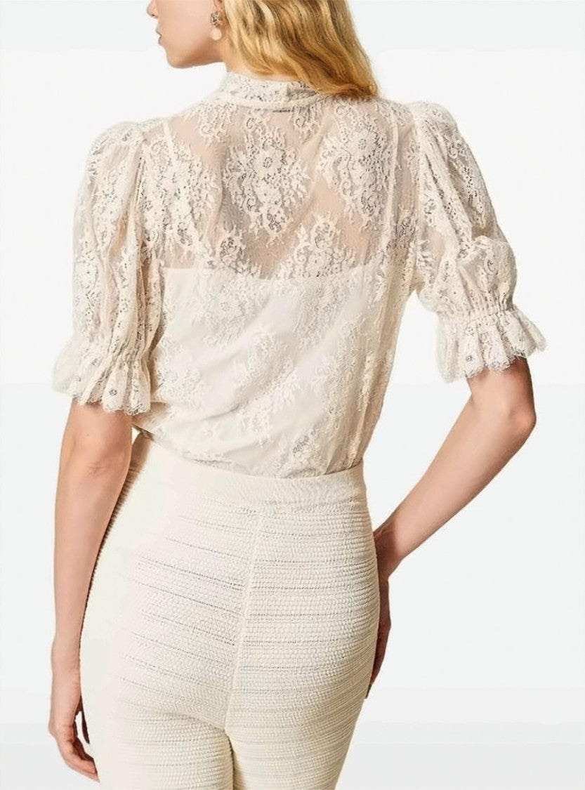 Twin-Set Lace Bow Neck Short Sleeve Shirt