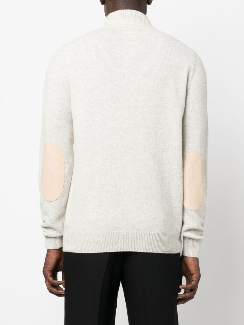 Barbour Pearl Grey Wool Ribbed Knit Sweater With Mock Neck And Button Placket