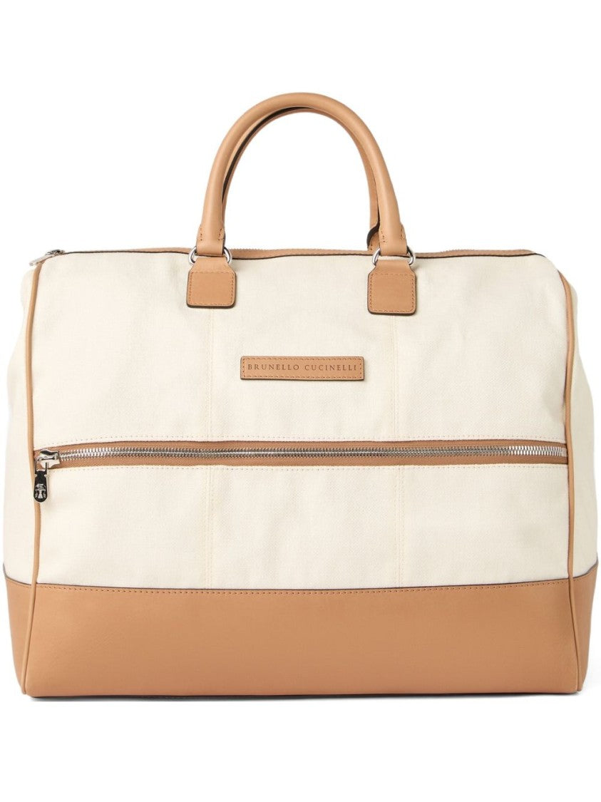 Brunello Cucinelli Rectangular Canvas Duffle Bag With Leather Accents