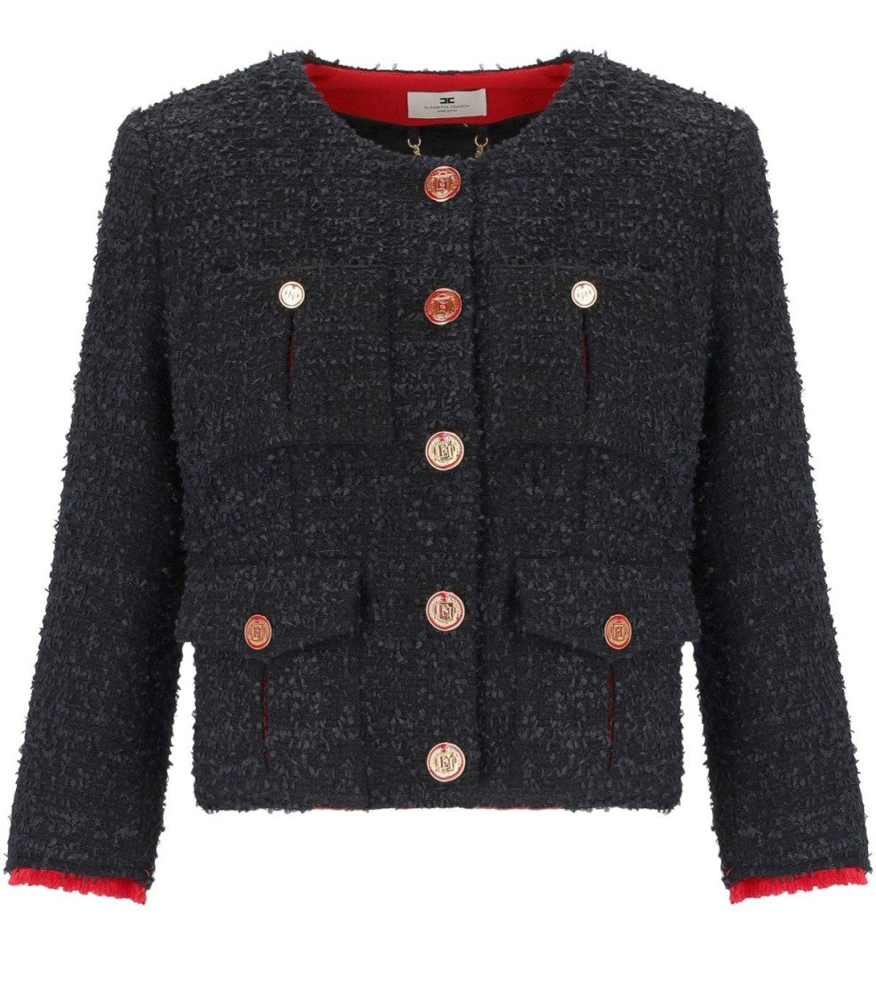 Elisabetta Franchi Black/Red Passion Tweed Cropped Jacket