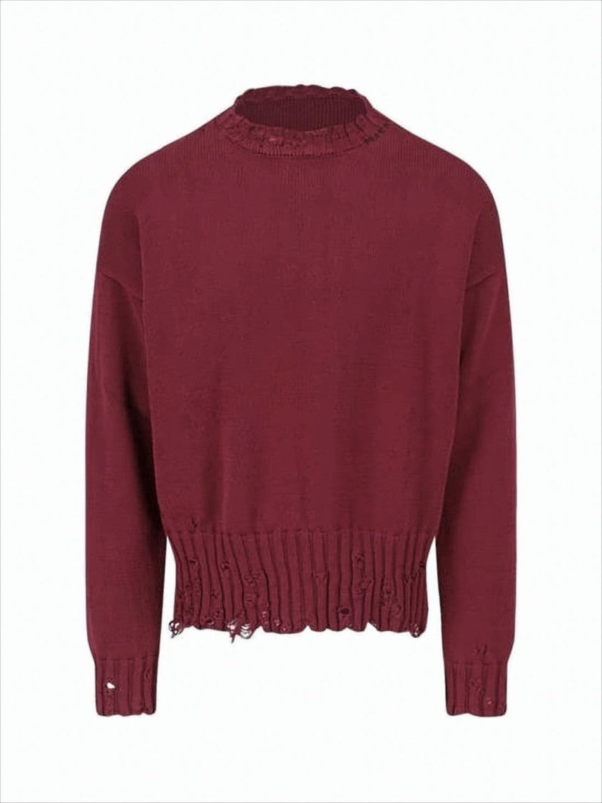 Marni Deep Burgundy Knit Sweater With Distressed Hem And Cuffs