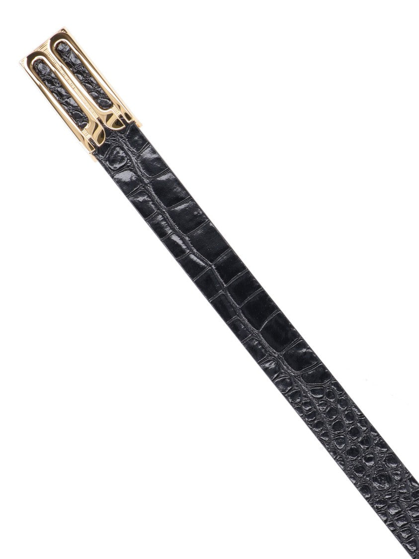 Victoria Beckham Black Jumbo Frame Crocodile-Embossed Leather Belt
