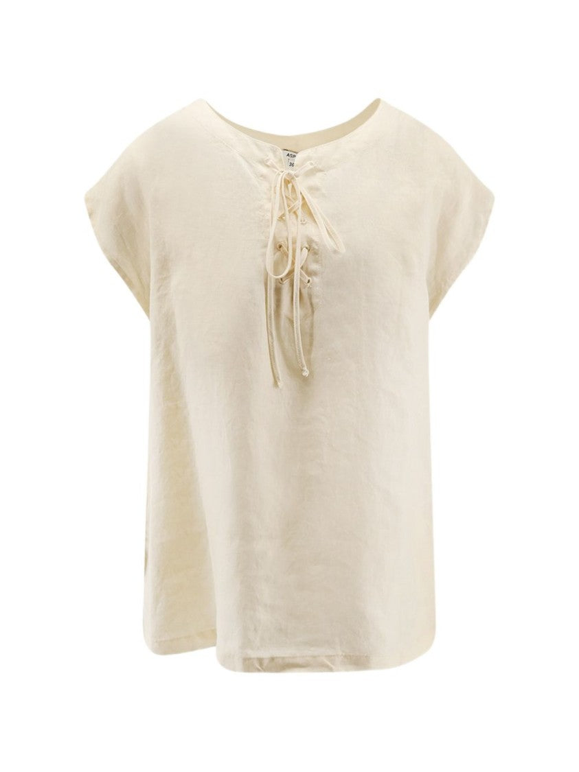 Aspesi Cream Short-Sleeve Lace-Up Detail T-Shirt