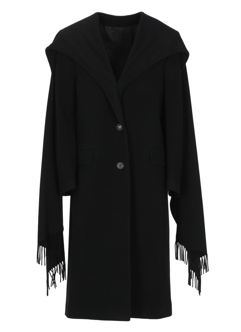 The Attico Long Black Coat With Two-Button Closure And Built-In Fringed Scarf