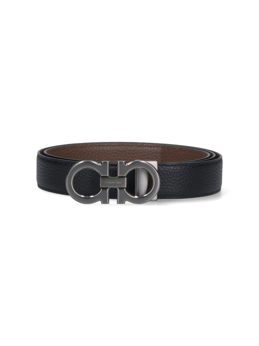 Ferragamo Reversible "Gancini" Belt In Black Calfskin On One Side