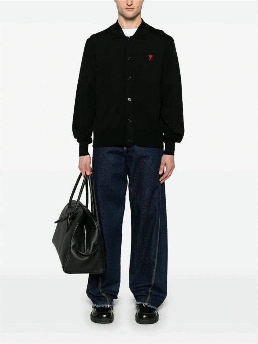 Ami Button-Up Black Wool Cardigan With Classic Collar